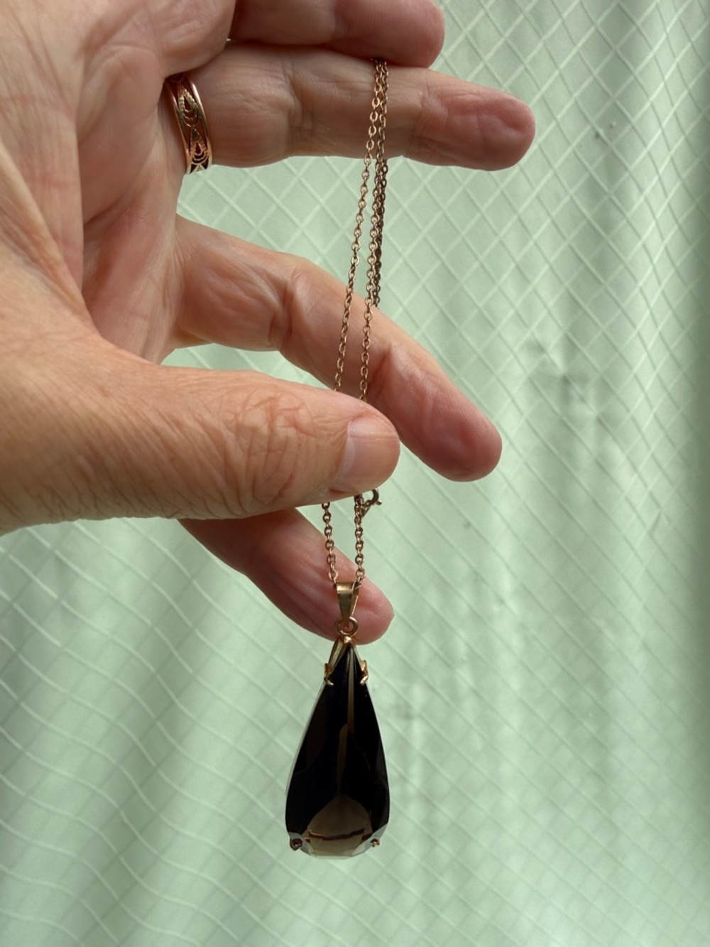 Vintage Rose Gold Teardrop Pendant Necklace Smoky Brown Stone/Smokey quartz